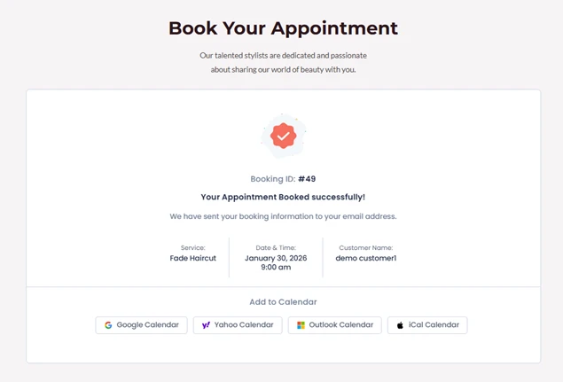 booking confirmation page