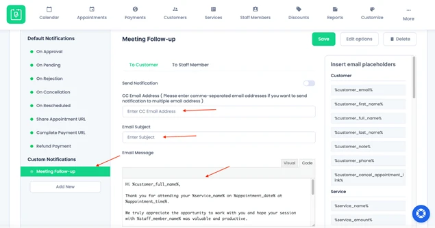 bookingpress custom notification settings