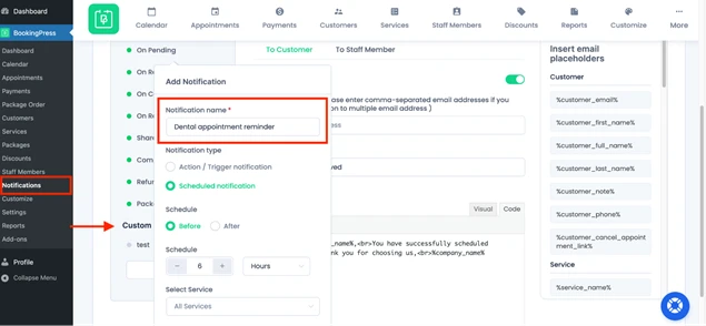 bookingpress notification setting