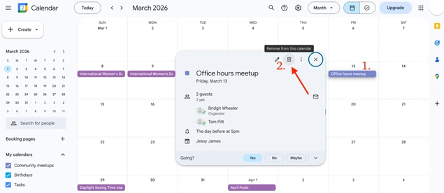 delete invited google calendar meeting or event