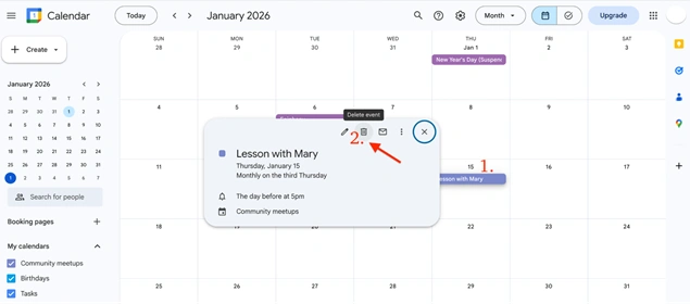 delete self created google calendar meeting or event