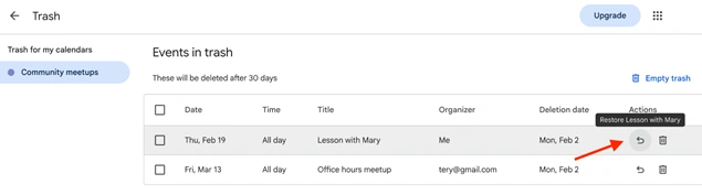 restore delete google calendar event