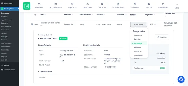 cancel appointments with bookingpress
