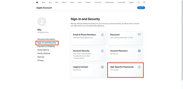 Apple account security page