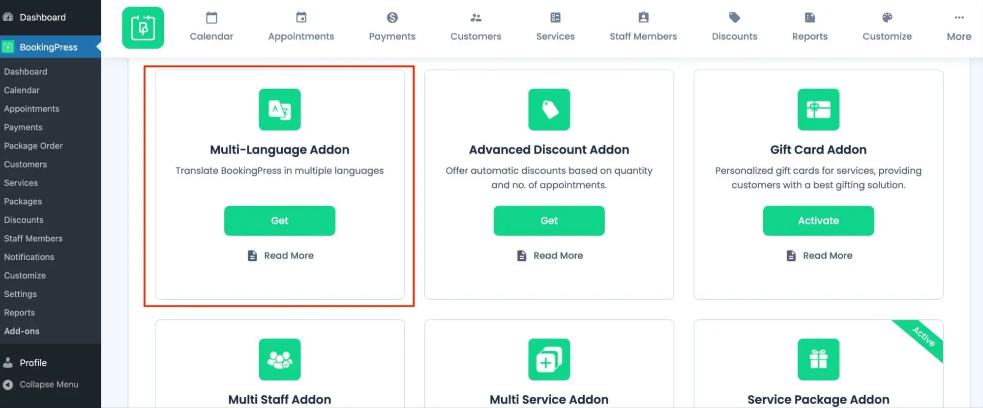 BookingPress plugin add-on dashboard
