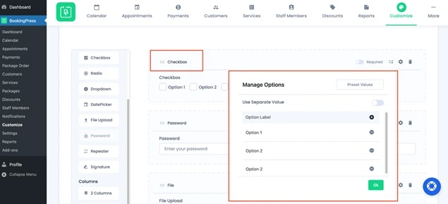 Checkbox field options management