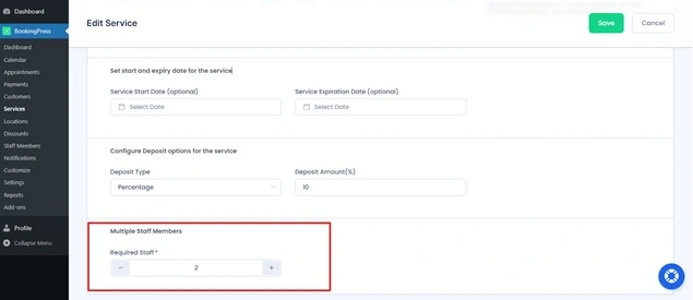 Edit service settings dashboard