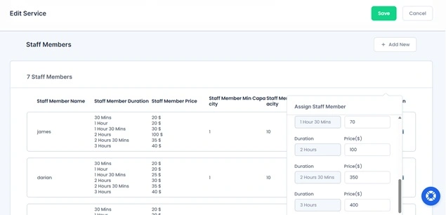 Edit staff service settings