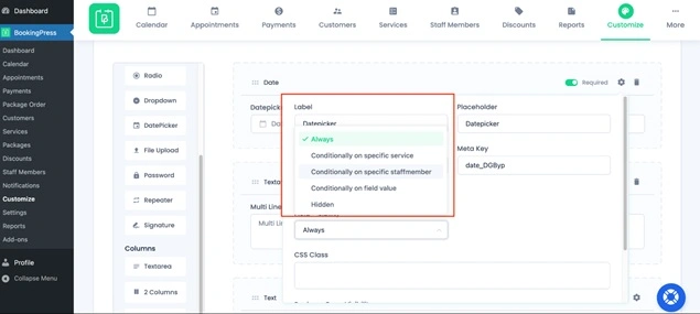 Field visibility condition settings