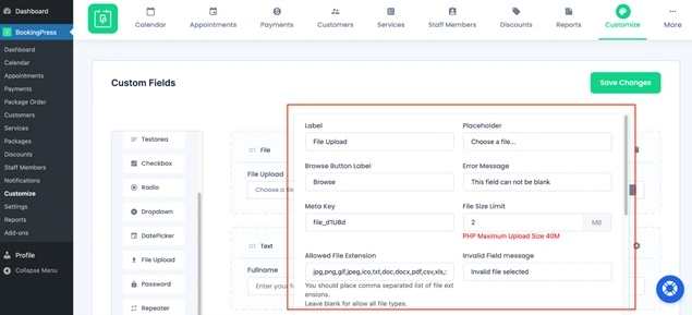 File upload field settings