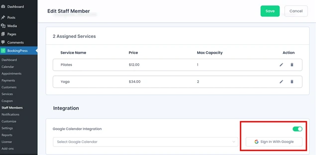 Google Calendar integration toggle