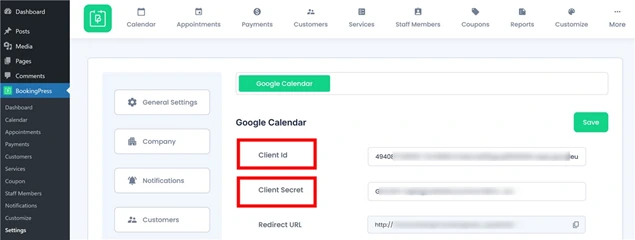 Google Calendar settings page