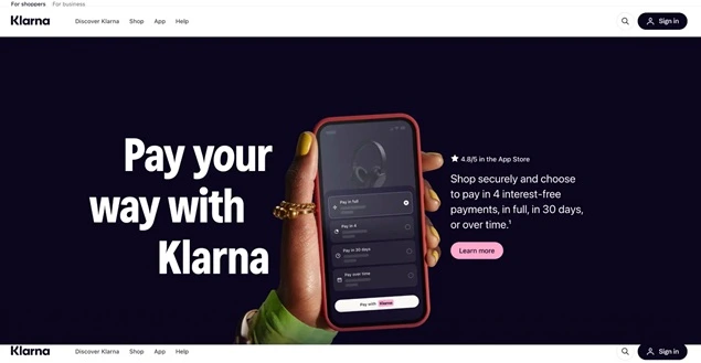 Homepage look of klarna