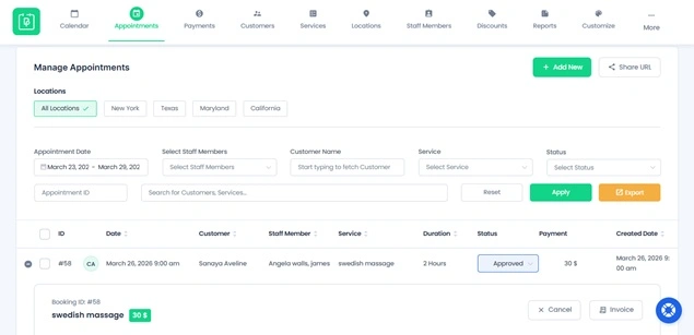 Manage appointments dashboard view