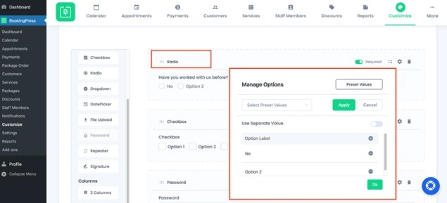 Radio button options management