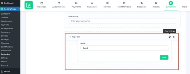 Repeater field settings configuration