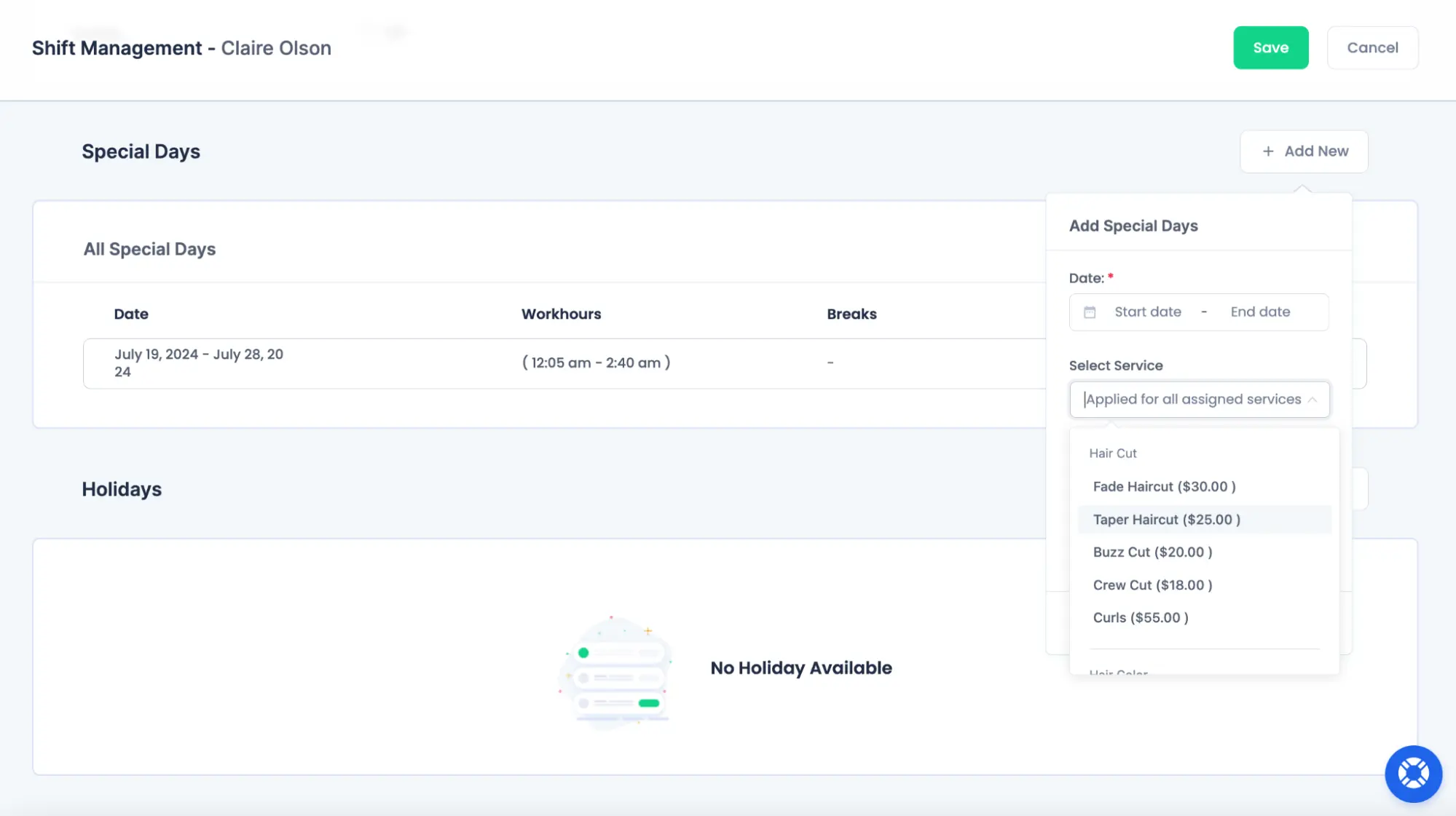 Shift management dashboard interface