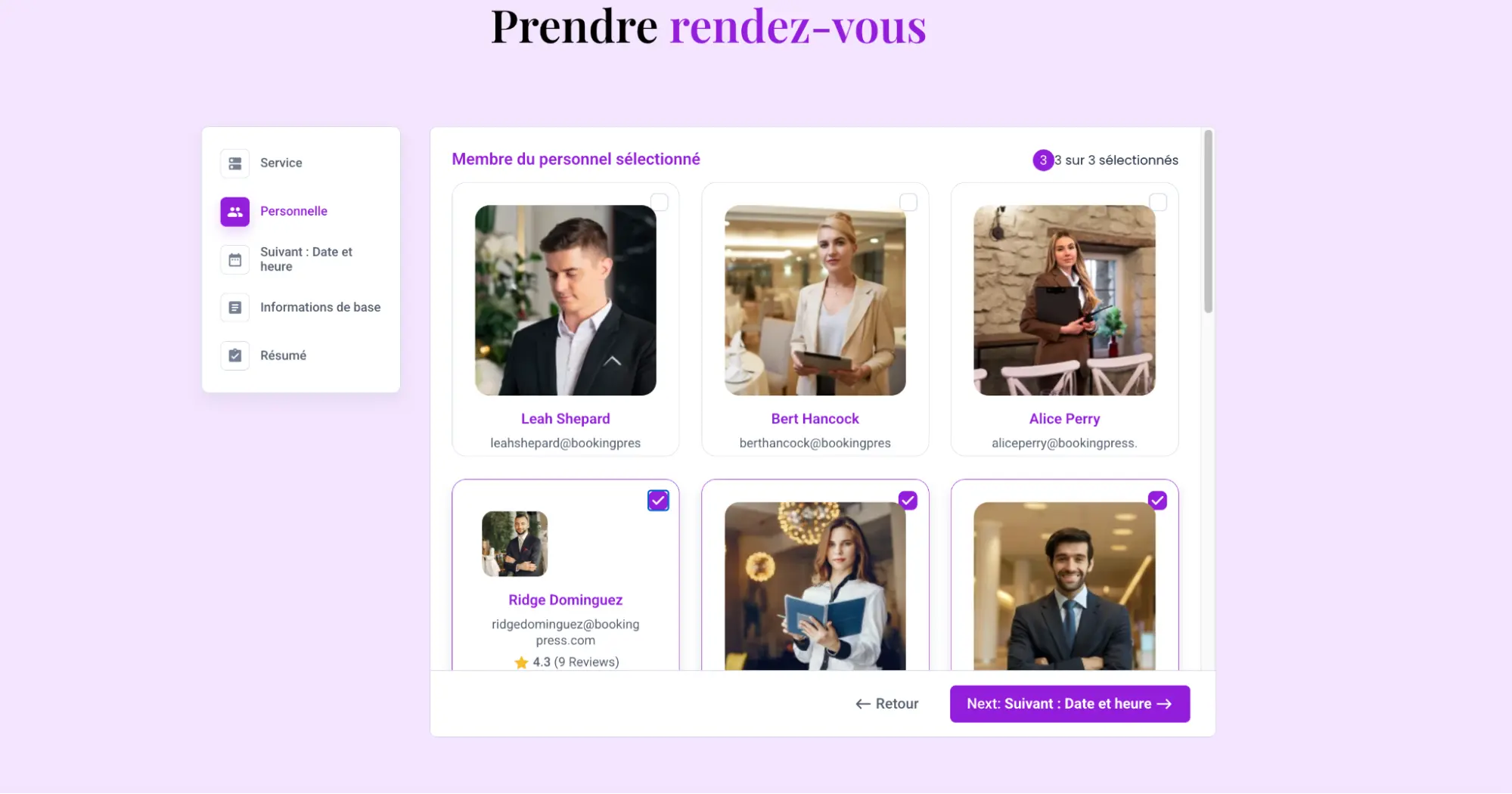 Staff selection booking interface