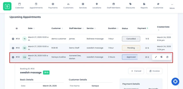Upcoming appointments dashboard view