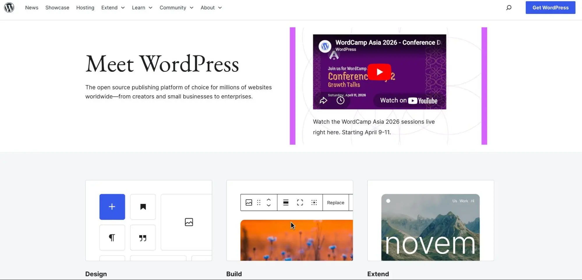 WordPress homepage interface overview