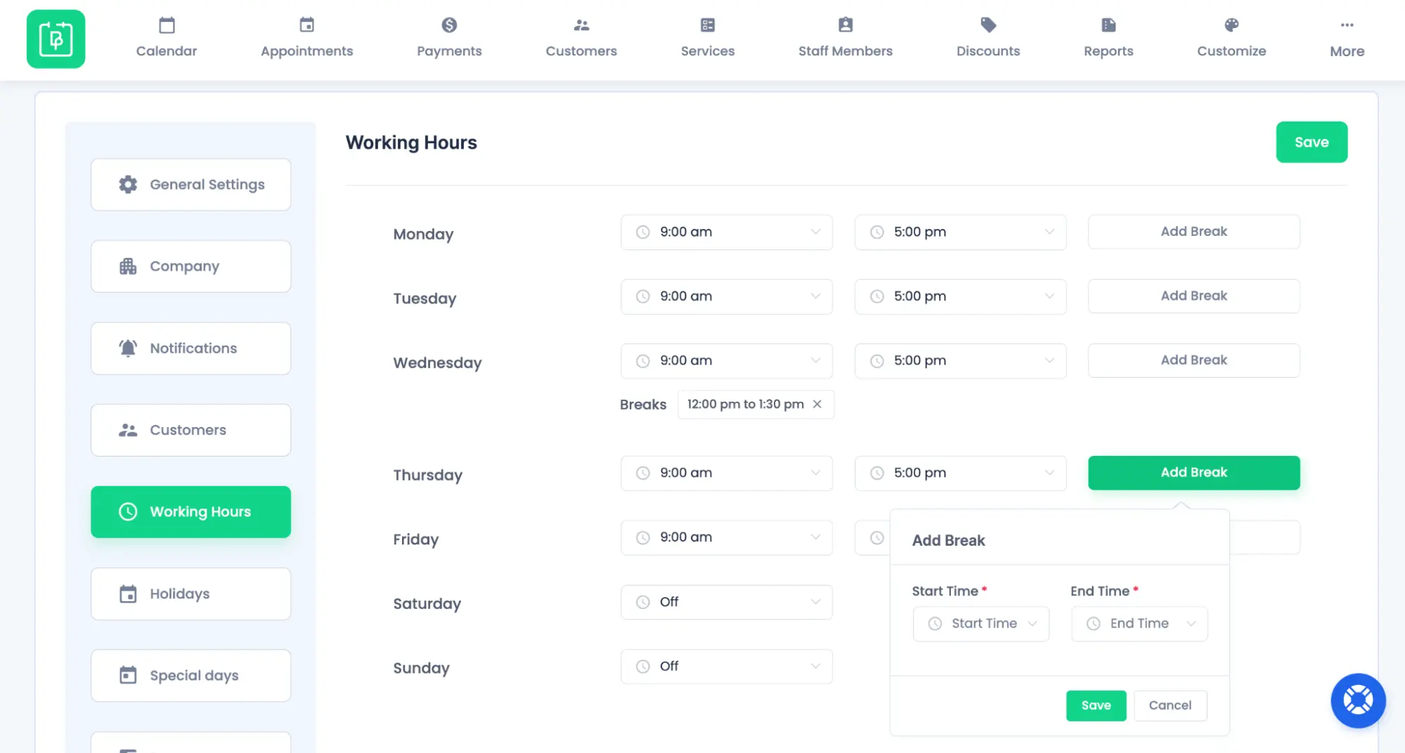 Working hours dashboard interface