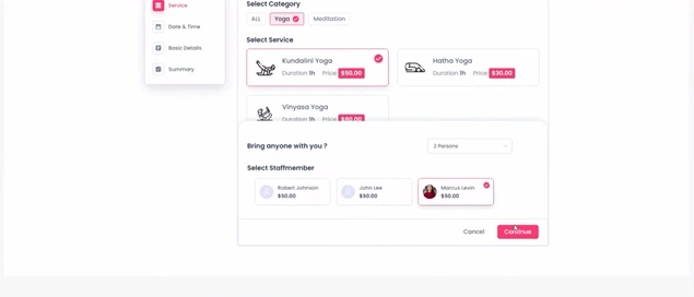 Yoga service booking screen