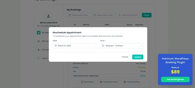 rescheduling appointment screen