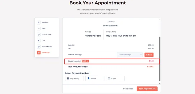 BookingPress coupons addon in frontend demo
