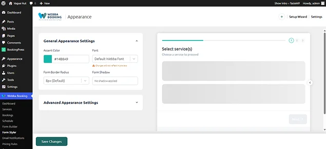 Webba booking dashboard