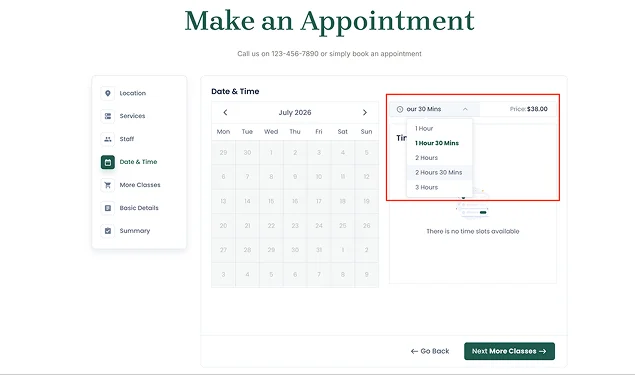 choose service duration in BookingPress frontend demo