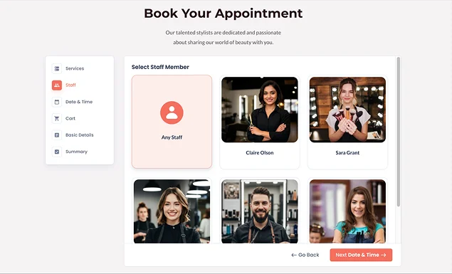 choose staff member in BookingPress frontend demo