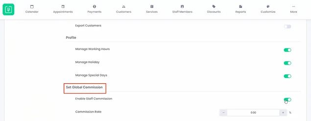 enable global commission setting in BookingPress