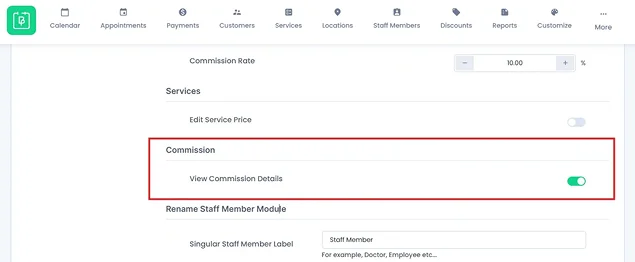 enable view commission details for staff member 
