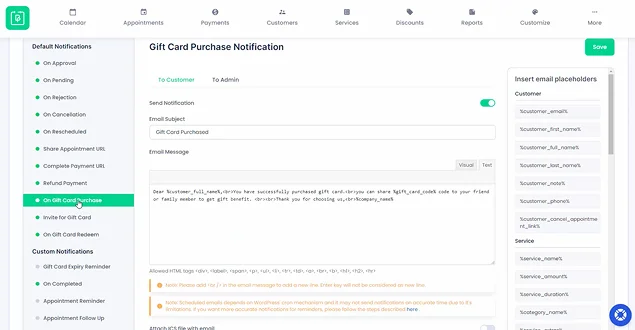 gift card purchase notification settings