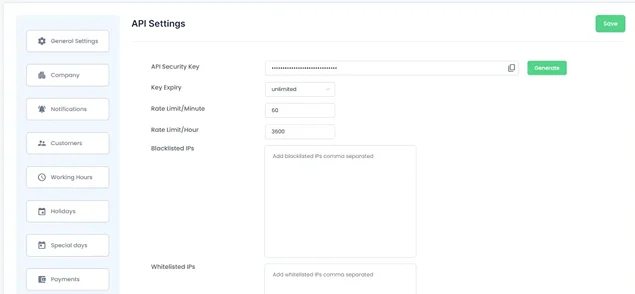 api setting in bookingpress