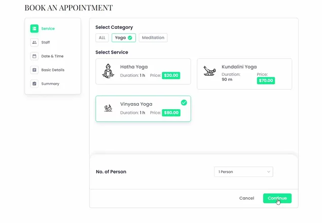 appointment booking for yoga in bookingpress