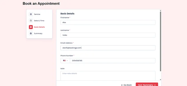 booking form in BookingPress