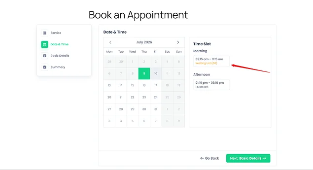 book a time slot in waiting list
