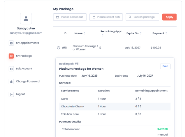 bookingpress my packages tab in admin panel