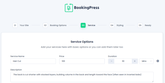 bookingpress service options