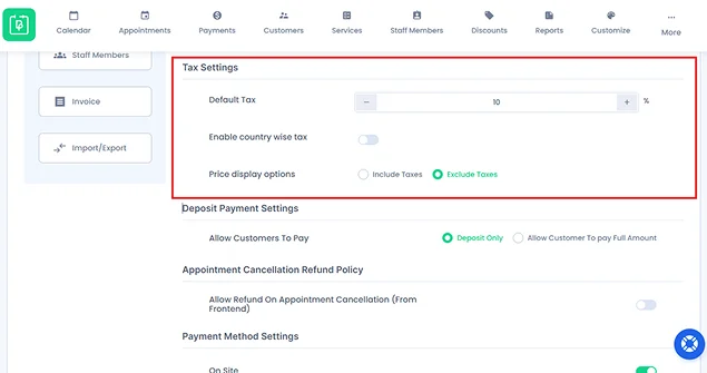 bookingpress tax setting