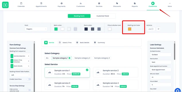 change waiting list font and background colour in bookingpress