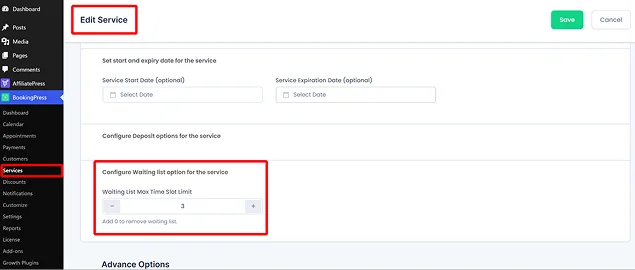 configure waiting list option for services in bookingpress