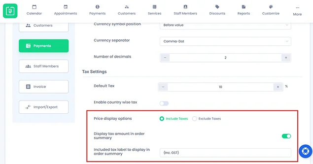 include taxes in service prices