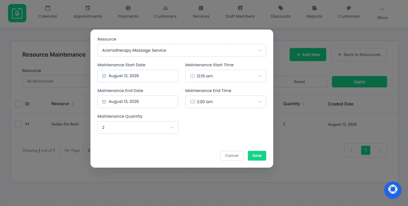 Add Resource Maintenance Schedule