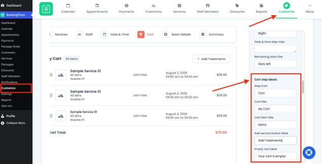 customize tab in bookingpress