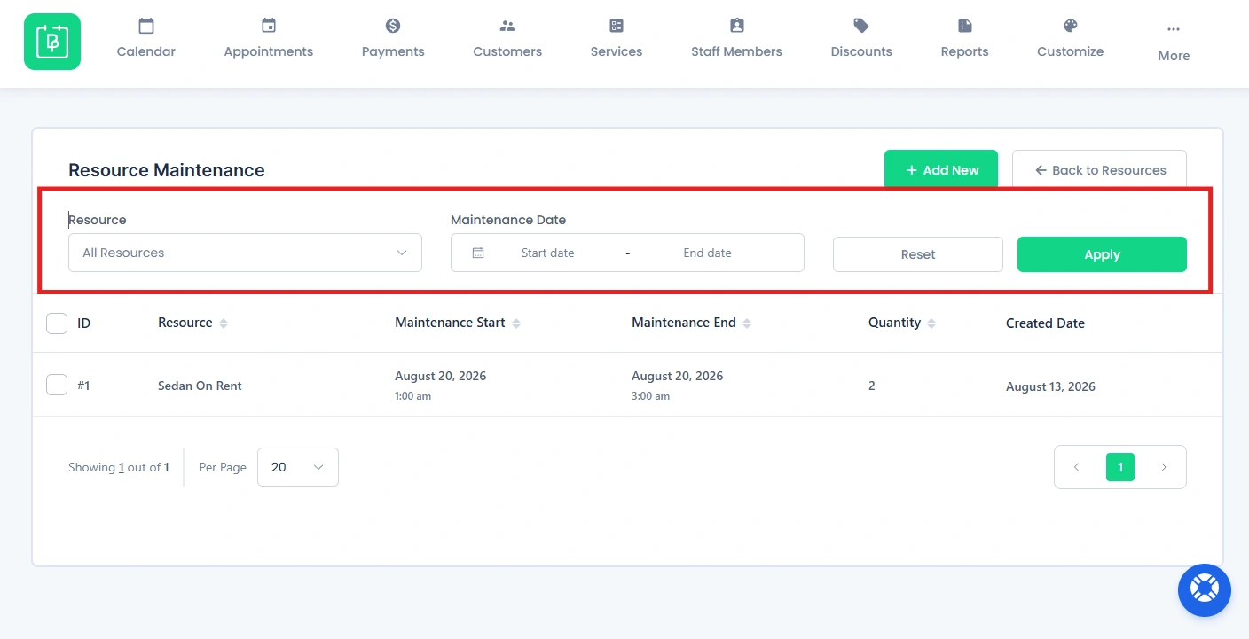 Resource Maintenance Record Filter