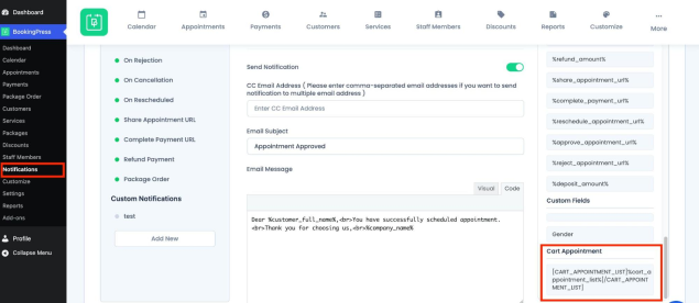 see all cart appointments in an email