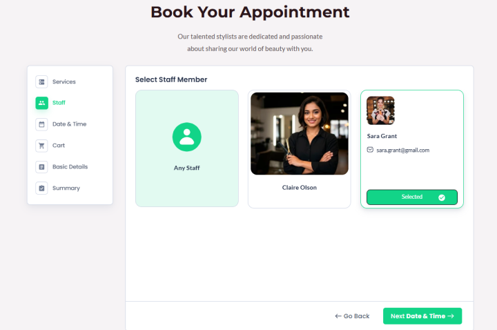 select your service and staff for booking