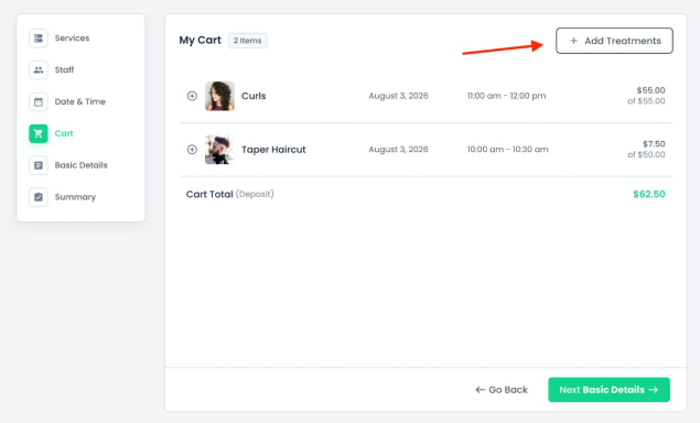services added in cart